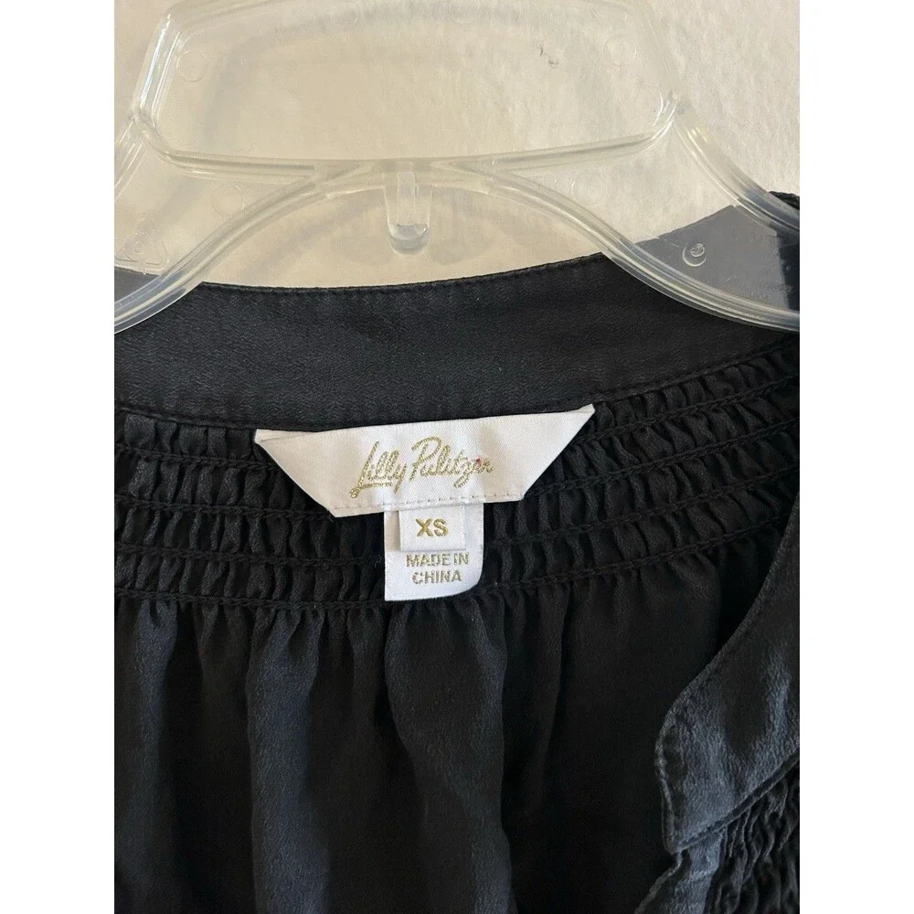 Lilly Pulitzer Elsa Size XS Black Puff Sleeve Split V-Neck Buttons 100% Silk